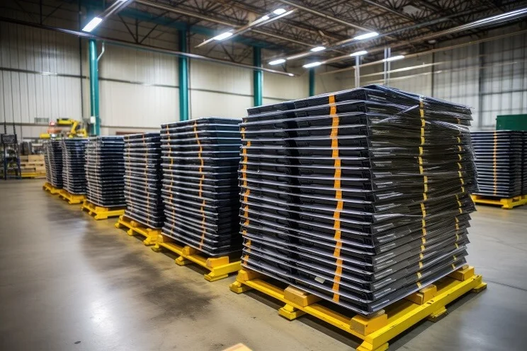 packaged solar panels piled up on shipping platforms