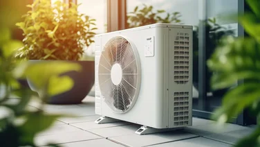 An air source heat pump unit installed outside a residential building