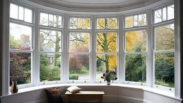 Shot of garden in autumn taken from inside through large bay windows with white frames