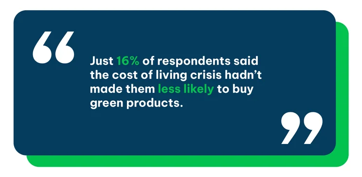 Pull quote saying: "Just 16% of respondents said the energy and cost of living crises hadn’t made them less likely to buy green products."