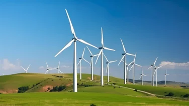 Wind farms operating in across rolling green hills in the UK countryside